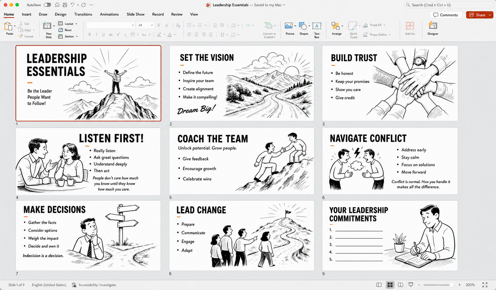 The same leadership presentation after redesign, using one cohesive black-and-white hand-drawn visual system.